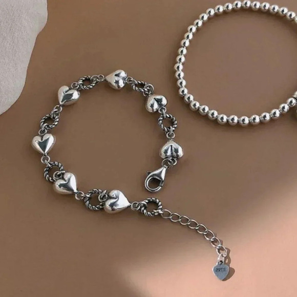 925 Sterling Silver Chunky Heart Bracelet Dangle Heart Link Bracelet - Picture 6 of 6